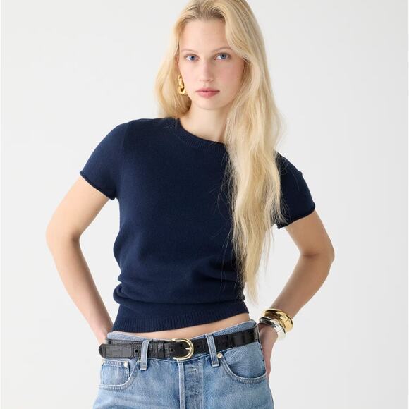 J.Crew Cashmere Relaxed T-Shirt WMNS L Navy Blue Crew Neck Short Sleeve Sweater - Picture 1 of 7